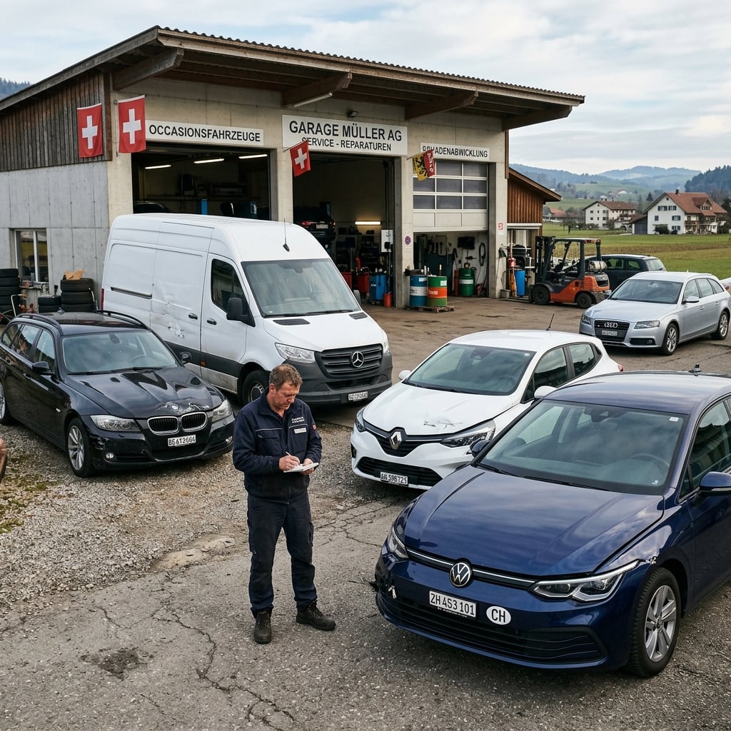 Cour de garage avec plusieurs véhicules